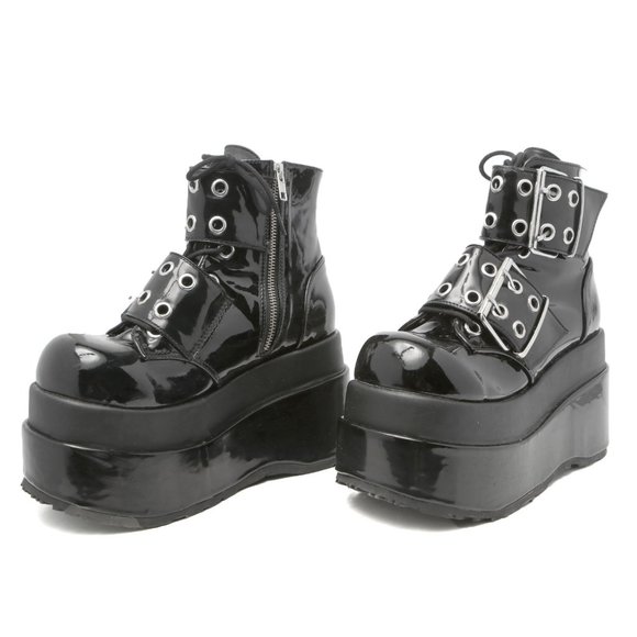 Demonia Shoes - Demonia BEAR 104 Platform Patent Vegan Leather Boot Goth Club Grommet Black